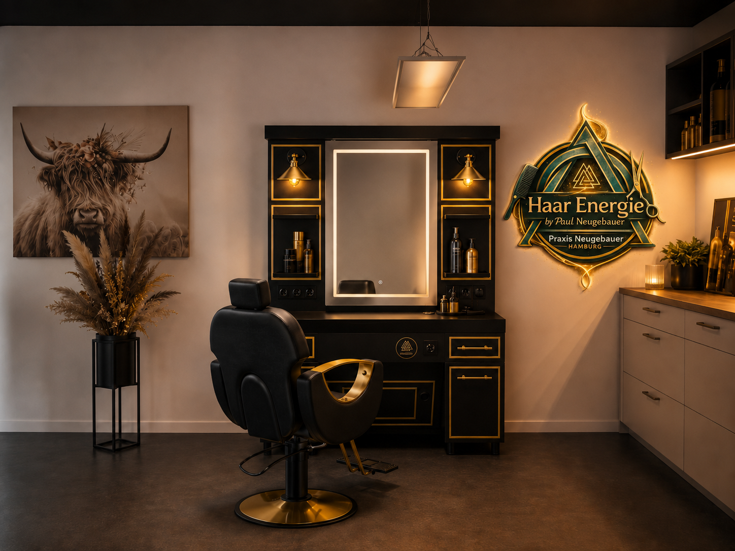 Salon-Einblick: Arbeitsplatz in Schwarz und Gold